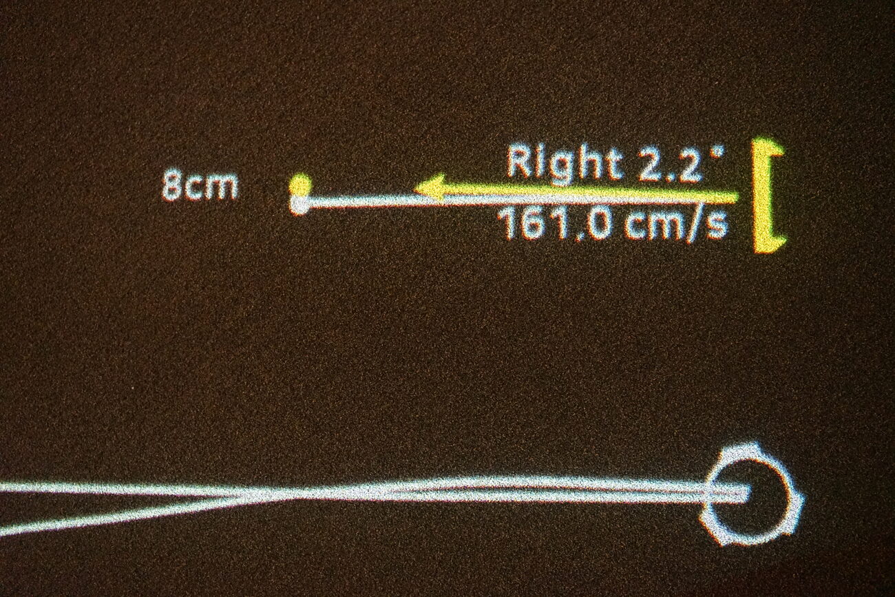 A readout projected on the green after a putt: launch direction right 2.2 degrees and ball speed 161.0 cm per second